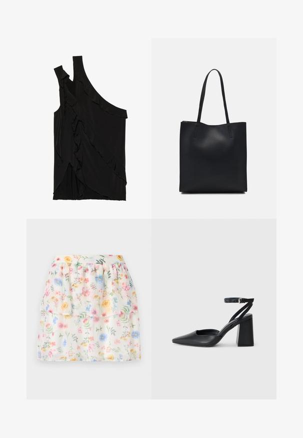 Asymmetrische zwarte top van zachte stof met rimpels aan de zijkant en een enkele band. Gladde textuur met gedrapeerde ontwerpelementen.; Witte, met bloemen bedrukte, gelaagde rok met pastel bloemen en groene accenten. Gemaakt van lichte stof, met een geraffineerde tailleband.; Zwarte leren puntige pump met een enkelbandje en een chunky hak. Vlakke textuur, strakke vormgeving en minimalistische esthetiek.; Zwarte leren handtas met een gladde textuur, rechthoekige vorm en twee lange handvaten. Geen zichtbare hardware of versieringen.