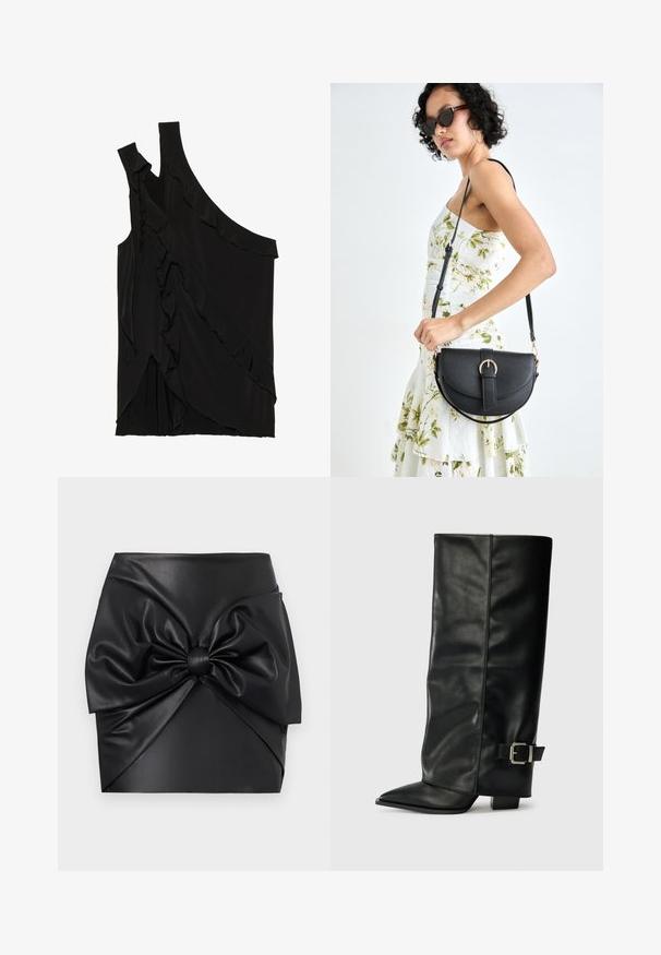 Ebaasne must ülasärk pehmest kangast, rippuvate frillide ja ühe rihmaga. Sile tekstuur, millel on drapeeritud disainielemendid.; Mustmust musträtik, millel on suur eesmine lipsu kujundus, sile tekstuur ja struktureeritud siluett koos volditud detailidega.; Mustad musta nahast pahkluu kingad, millel on terav nina, sile tekstuur ja hõbedane pandlaaksent küljel. Tõmblukuga suur ruudukujuline konts.; Mustmust mustraha kõverate joontega, eemaldatava rihmaga ja kuldsete detailidega. Kotil on klapp, millel on pandladetail.