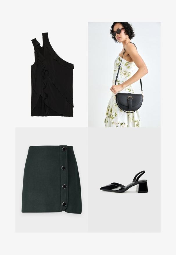 Asimetriška juoda palaidinė iš minkštos medžiagos, pasižyminti volanais šone ir viena petneša. Lygi tekstūra su švelniais drapiruotais elementais.; Tamsiai žalias vilnos mišinys, apvyniotas sijonas su šoniniu mygtukų uždarymu, turintis penkis metalinius mygtukus ir lygų paviršių.; Juodos lakuotos odinės šlepetės su smailiu pirštu ir geometriniu bloko kulnu. Turi elegantišką, minimalistinį dizainą ir lygų paviršių.; Juodas odinis krepšys su išlenkta forma, nuimamu dirželiu ir auksiniais detalėmis. Krepšys turi kilpą su sagtimi.