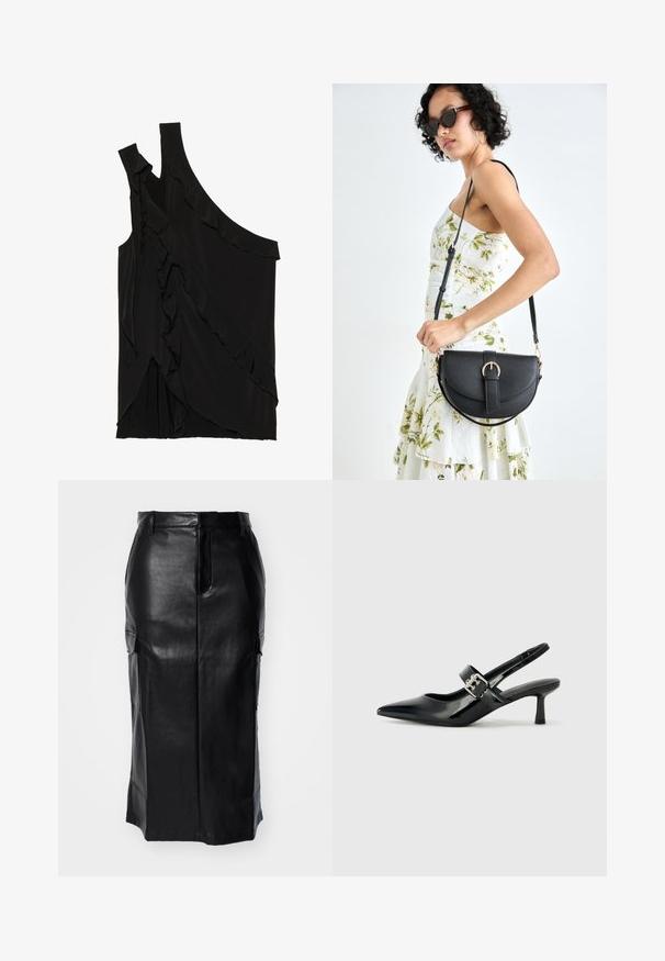 Asymmetrical black top in soft fabric featuring ruffles along the side and a single strap. Smooth texture with draped design elements.; Black knee-length leather skirt with front seam, belt loops, and side cargo pockets with flaps on a white background.; Black patent leather slingback heels with a pointed toe and a small block heel, featuring a silver buckle accent on the strap.; Black leather handbag with a curved shape, detachable strap, and gold hardware. The bag features a flap with a buckle detail.
