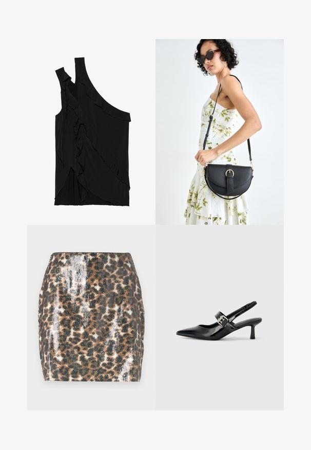 Haut asymétrique noir en tissu doux avec des volants sur le côté et une seule bretelle. Texture lisse avec des éléments de design drapés.; Mini-jupe en imprimé léopard avec texture pailletée, design ajusté, couleurs marron et noir, et ourlet droit.; Escarpins slingback en cuir verni noir avec un bout pointu et un petit talon bloc, mettant en avant un accent en boucle argentée sur la sangle.; Sac à main en cuir noir avec une forme courbée, bandoulière amovible et des accessoires en or. Le sac est doté d'un rabat avec un détail de boucle.