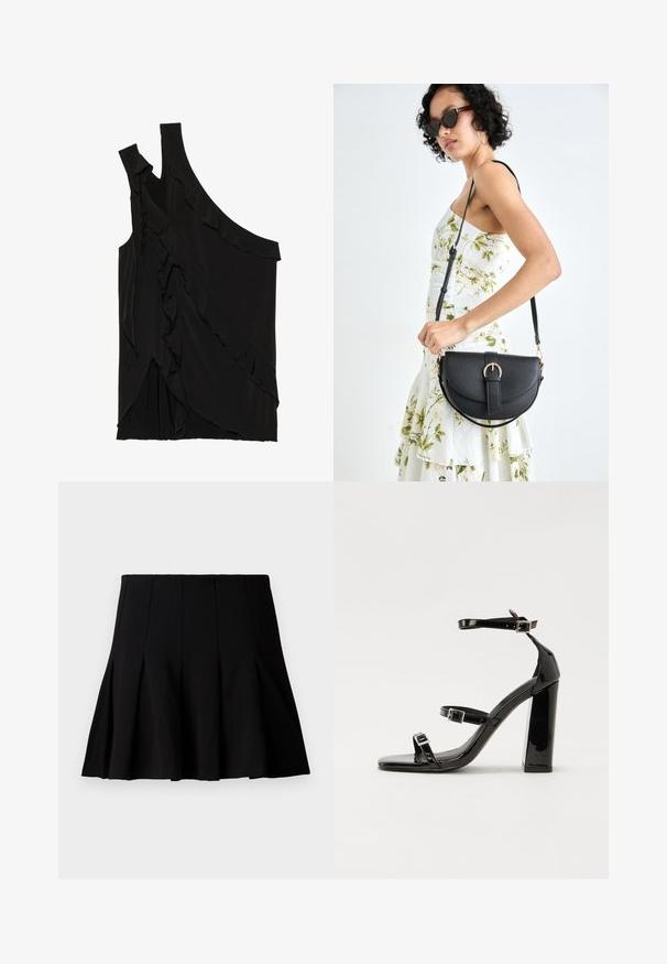 Top negro asimétrico de tejido suave con volantes a lo largo del costado y una sola tirante. Textura suave con elementos de diseño drapeados.; Minifalda plisada negra hecha de una tela suave. Presenta una cintura elástica y una silueta acampanada que se extiende hasta la mitad del muslo.; Sandalias negras de charol con tacón alto, dos correas con hebilla, punta cuadrada y tacón grueso, con una textura lisa y brillante.; Bolso de piel negra con forma curva, correa desmontable y herrajes dorados. El bolso cuenta con una solapa con un detalle de hebilla.