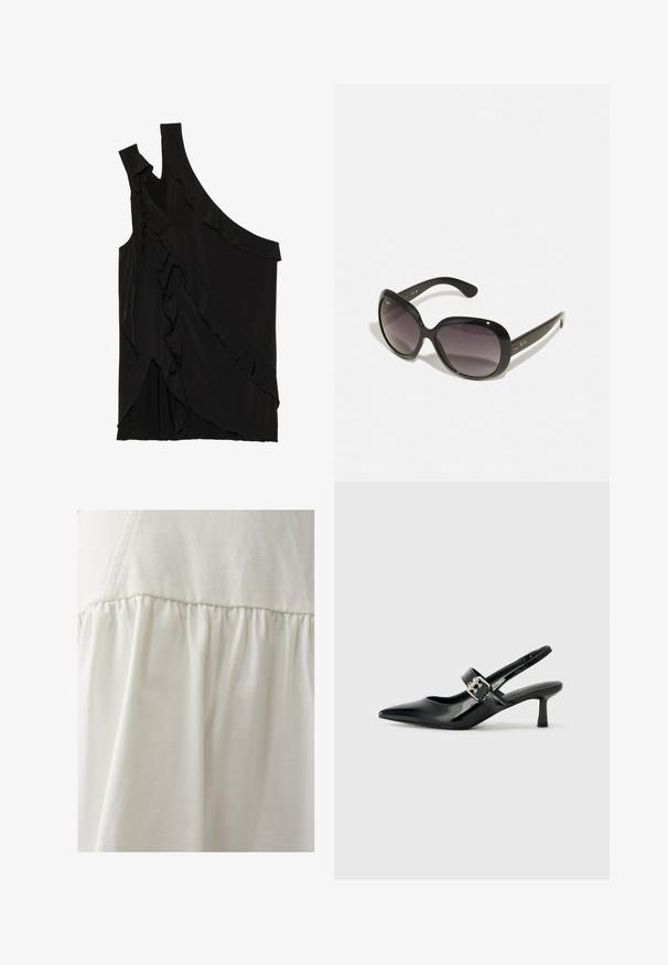 Asymetrický čierny top z jemnej tkaniny s volánmi po boku a jedným ramienkom. Hladká textúra s drapovanými dizajnovými prvkami.; THE FATED PARLOUR - Minisukňa - ivory; Čierne patentové kožené sandále na podpätku so špicatou špičkou a malým blokovým podpätkom, s dekoratívnou striebornou sponou na remienku.; Čierne slnečné okuliare s nadrozmernými zaoblenými rámami. Šošovky prechádzajú z tmavej do svetlej farby. Majú elegantný, lesklý povrch a diskrétne logo na stranách.