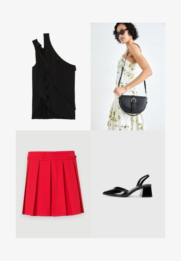 Asimetriška juoda palaidinė iš minkštos medžiagos, pasižyminti volanais šone ir viena petneša. Lygi tekstūra su švelniais drapiruotais elementais.; Raudona klostuota sijonas, pagamintas iš lygios tekstūros audinio. Turi liemens juostą su diržo kilpomis ir struktūruotomis klostėmis, suteikiančiomis papildomo apimties.; Juodos lakuotos odinės šlepetės su smailiu pirštu ir geometriniu bloko kulnu. Turi elegantišką, minimalistinį dizainą ir lygų paviršių.; Juodas odinis krepšys su išlenkta forma, nuimamu dirželiu ir auksiniais detalėmis. Krepšys turi kilpą su sagtimi.