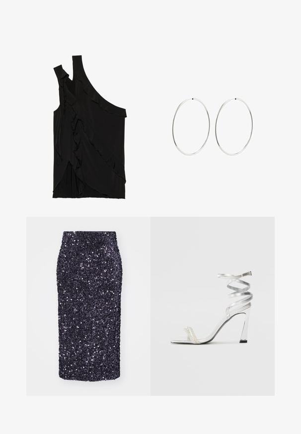 Asimetrična črna majica iz mehkega materiala s čipkami ob strani in enim naramnicom. Gladka tekstura z drapiranimi oblikovalskimi elementi.; Lilašku revno krilo z oblikovanim krojem. Gladka tekstura, do kolen, popolnoma okrašeno z majhnimi, odsevnimi bleščicami.; Srebrna visoka sanda s sijočim dizajnom trak, ki vsebuje akcent v obliki bisera in spiralno pašček okoli gležnja za varen oprijem.; Srebrne obročaste uhane z gladkim, okroglim dizajnom in poliranim zaključkom. So tanke in lahke, z enostavnim zapiranjem na sponko.