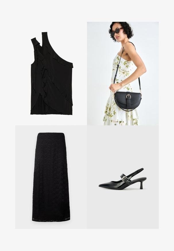 Asimetrisks melns tops no mīksta auduma ar volāniem pa sāniem un vienu siksniņu. Gluda tekstūra ar slīdoša dizaina elementiem.; Melna mežģīņu midi svārki ar ziedu rakstu, taisns griezums un smalka tekstūra, attēloti pret vienkāršu baltu fonu.; Melnas lakotas ādas sūkņa kurpes ar norādītu purngali un mazu bloku papēdi, ar sudraba sprādzi akcentā uz jostas.; Melnas ādas rokassoma ar izliekta formu, noņemamu siksnu un zelta aksesuāriem. Somai ir vāciņš ar sprādzes detaļu.