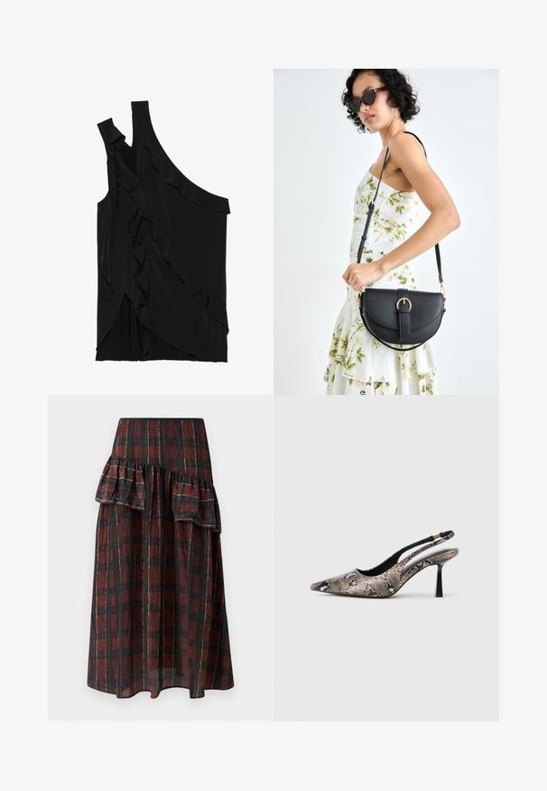 Asimetrična crna majica od mekog materijala s volanima sa strane i jednim remenom. Glatka tekstura s drapiranim dizajnerskim elementima.; Maxi suknja u tamnocrvenoj i crnoj kariranoj boji, s višeslojnim volanima na struku, izrađena od lagane tkanine s mekanom teksturom.; Cipele s otvorenom petom i špicastim prstom izrađene od teksturiranog materijala sa uzorkom zmijske kože, s tankim crnim potplatom i izrezanim dizajnom sa strane.; Crna kožna torba s lukovitim oblikom, odvojivim remenom i zlatnim detaljima. Torba ima preklop s kopčom.