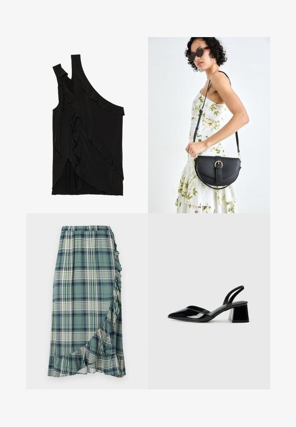 Asymmetrical black top in soft fabric featuring ruffles along the side and a single strap. Smooth texture with draped design elements.; Plaid skirt in green and navy, featuring a ruffled hem and elastic waistband. Fabric has a smooth texture with varying plaid patterns.; Black patent leather slingback heels with a pointed toe and a geometric block heel. Features a sleek, minimal design and smooth texture.; Black leather handbag with a curved shape, detachable strap, and gold hardware. The bag features a flap with a buckle detail.