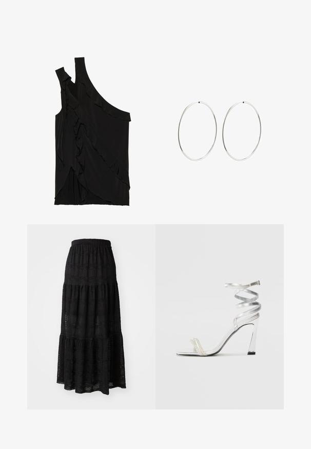 Asimetriška juoda palaidinė iš minkštos medžiagos, pasižyminti volanais šone ir viena petneša. Lygi tekstūra su švelniais drapiruotais elementais.; Juoda maksi sijonas, pagamintas iš tekstūruoto audinio, turintis pakopų dizainą su susiraukšlėtu juosmeniu ir subtiliomis banguotomis rašmenimis visame sijone.; Sidabrinė aukšto kulno sandalai su blizgiu diržo dizainu, featuring perlo panašus akcentas ir spiralinė kulkšnies dirželis saugiam prisitaikymui.; Sidabriniai auskarai-žiedai su lygiu, apvaliu dizainu ir blizgiu paviršiumi. Jie yra ploni ir lengvi, turintys paprastą užsegimą.