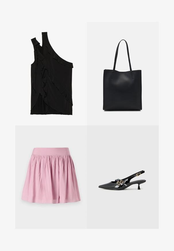 Ujevn svart topp i myk stoff med volanger langs siden og en enkelt stropp. Jevn tekstur med drapert design.; Lys rosa svingeskjørt med elastisk midjebånd og rynket stoff, med en glatt tekstur og en kne-lengde. Ingen mønstre eller detaljer.; Sorte lakk lær slingback hæler med spiss tå, doble stropper med gullspenner og en kort kitten-hæl. Glatt tekstur.; Svart lær tote bag med glatt tekstur, rektangulær form og to lange håndtak. Ingen synlige deler eller dekorasjoner.