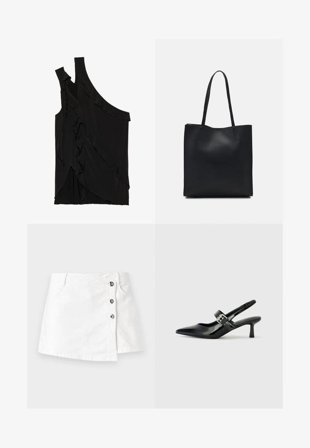 Asymmetrische zwarte top van zachte stof met rimpels aan de zijkant en een enkele band. Gladde textuur met gedrapeerde ontwerpelementen.; Witte denim mini-jurk met een rechte snit, voorzien van een zijsluiting met vier metalen knopen en een subtiele omgeslagen zoom.; Zwarte gepatineerde leren slingback hakken met een puntige neus en een kleine blokhak, met een zilveren gespaccent op de band.; Zwarte leren handtas met een gladde textuur, rechthoekige vorm en twee lange handvaten. Geen zichtbare hardware of versieringen.