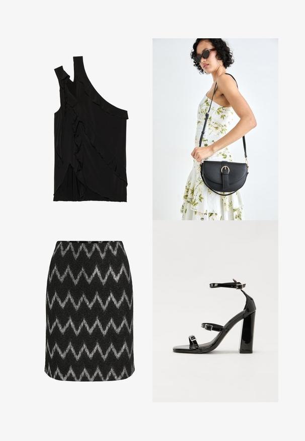 Asymmetrisches schwarzes Oberteil aus weichem Stoff mit Rüschen an der Seite und einem einzigen Träger. Glatte Textur mit drapierten Designelementen.; Schwarzer Rock mit einem Zickzackmuster in Silber, gefertigt aus einem strukturierten Stoff mit einer figurbetonten Silhouette und einem geraden Saum.; Schwarze Lackleder-Sandalen mit hohen Absätzen, zwei Riemen mit Schnallen, quadratischer Zehenpartie und klobigem Blockabsatz, mit einer glatten, glänzenden Textur.; Schwarze Lederhandtasche mit geschwungener Form, abnehmbarem Tragegurt und goldenen Beschlägen. Die Tasche verfügt über einen Deckel mit einer Schnallen-Details.
