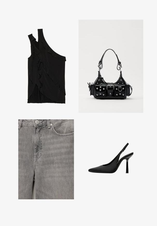 Asymetrický černý top z měkké tkaniny se volánky po straně a jedním ramínkem. Hladká textura s drapériemi.; Šedé denimové džíny s hladkou texturou, který mají přední zapínání na knoflík a zip, boční kapsy a jemné prošívací detaily.; Černé saténové slingback lodičky s špičatou špičkou, elegantním designem a vysokým lesklým jehlovým podpatkem. Detail nastavitelného pásku na kotníku.; Černá kožená kabelka s křivkovým designem, zdobená stříbrnými hřebíky, s přezkou a dvěma bočními kapsami. Nastavitelný popruh pro různé možnosti nošení.
