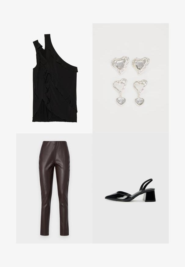 Asymmetrisk svart topp i myk stoff med volanger langs siden og en enkelt stropp. Glatt tekstur med draperte designelementer.; Ruskean keinonahkalegginsit, joissa on sileä pinta, korkealla vyötäröllä ja kapea istuvuus. Mukana tyylikäs muotoilu ilman näkyviä saumoja tai koristeita.; Mustat patentoitu nahkakengät, joissa on säären takaosa ja terävä kärki, sekä geometrinen palikkakorko. Sisältää tyylikkään, minimalistisen muotoilun ja sileän pinnan.; Hopeasydänkorvakorut sisältävät hiottuja kirkkaita kiviä, joissa on teksturoitu kehys. Settiin kuuluu nappi- ja roikkuvat mallit.