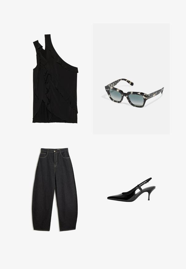 Asimetrična črna majica iz mehkega materiala s čipkami ob strani in enim naramnicom. Gladka tekstura z drapiranimi oblikovalskimi elementi.; Črne široke denim hlače z visokim pasom, opremljene z rumenim šivom, dvema sprednjima žepoma in enojnim gumbom za zapiranje.; Črne patentne usnjene slingback čevlje s koničastim nosom, odprtimi stranskimi izrezi, ozkim petam in nastavljivim gležnjava.; Sončna očala v črno-belem vzorcu z debelim okvirjem, kvadratne oblike in z graduiranimi lečami. Na strani je logotip Ray-Ban.; Črna usnjena torbica s ukrivljeno obliko, z odstranljivo naramnico in zlatimi dodatki. Torbica ima pokrov s podrobnostmi v obliki zaponke.