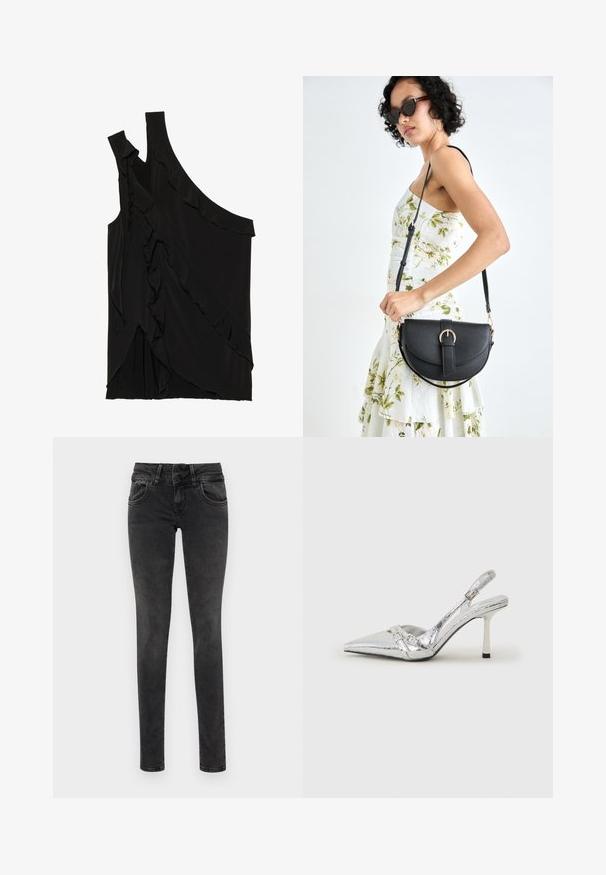 Asimetriška juoda palaidinė iš minkštos medžiagos, pasižyminti volanais šone ir viena petneša. Lygi tekstūra su švelniais drapiruotais elementais.; Lieknos juodos džinsai, pagaminti iš džinsinio audinio, su aukštu liemeniu, užtrauktuku ir penkiomis kišenėmis bei subtiliais siuvinėjimo detalėmis.; Sidabriniai slingback aukštakulniai batai su smailia pavadinimu, metaliniu paviršiumi, dviem dekoratyvinėmis juostelėmis ir lieknu kulnu su juodu galiuku.; Juodas odinis krepšys su išlenkta forma, nuimamu dirželiu ir auksiniais detalėmis. Krepšys turi kilpą su sagtimi.; Sidabriniai auskarai-žiedai su lygiu, apvaliu dizainu ir blizgiu paviršiumi. Jie yra ploni ir lengvi, turintys paprastą užsegimą.