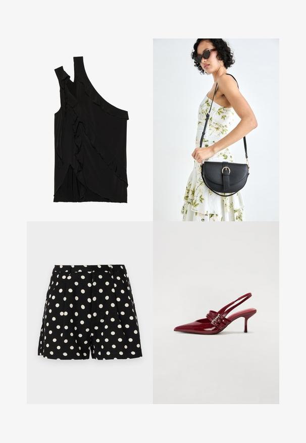 Asymmetrische zwarte top van zachte stof met rimpels aan de zijkant en een enkele band. Gladde textuur met gedrapeerde ontwerpelementen.; Zwarte shorts met witte stippen, voorzien van plooien aan de voorkant en zijzakken. Gemaakt van een lichtgewicht stof.; Rode gepatenteerde leren slingbackhakken met een spitse neus, twee gespsluitingen en een slanke, middelhoge stilettohak. Glad textuur.; Zwarte leren handtas met een gebogen vorm, afneembare schouderband en gouden hardware. De tas heeft een klep met een gespsluiting.