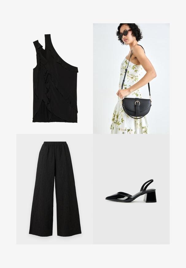 Asimetrisks melns tops no mīksta auduma ar volāniem pa sāniem un vienu siksniņu. Gluda tekstūra ar slīdoša dizaina elementiem.; Melni plaši bikses, kas izgatavotas no teksturēta auduma ar elastīgu jostu. Biksēm ir brīvs piegriezums un sakļautas virsmas dizains.; Melna lakota āda ar atvērto papēdi, ar smailu purngalu un ģeometrisku blokpapēdi. Iezīmējas elegants, minimāls dizains un gluda tekstūra.; Melnas ādas rokassoma ar izliekta formu, noņemamu siksnu un zelta aksesuāriem. Somai ir vāciņš ar sprādzes detaļu.