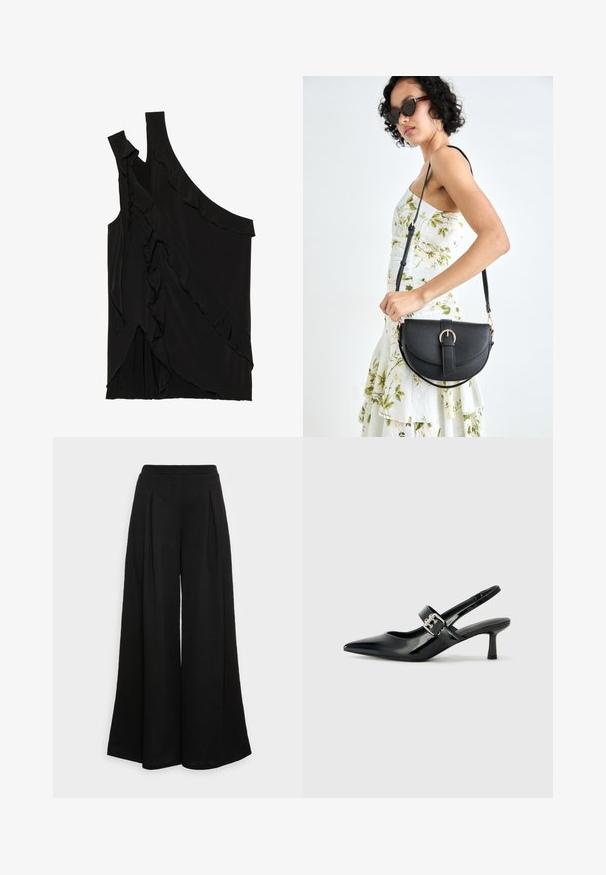Haut asymétrique noir en tissu doux avec des volants sur le côté et une seule bretelle. Texture lisse avec des éléments de design drapés.; Pantalons noirs à jambes larges en tissu doux, avec des plis sur le devant et une taille haute, garantissant une silhouette fluide.; Escarpins slingback en cuir verni noir avec un bout pointu et un petit talon bloc, mettant en avant un accent en boucle argentée sur la sangle.; Sac à main en cuir noir avec une forme courbée, bandoulière amovible et des accessoires en or. Le sac est doté d'un rabat avec un détail de boucle.