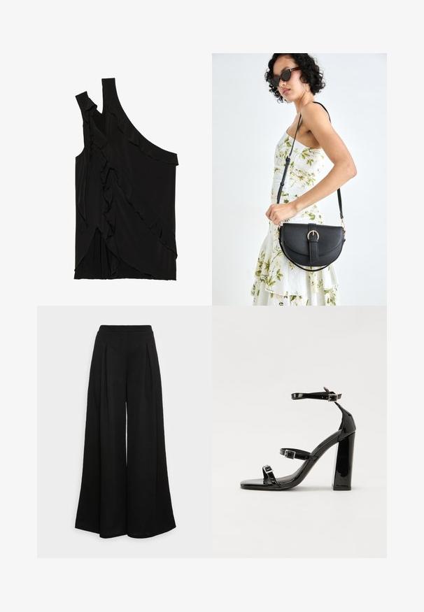 Haut asymétrique noir en tissu doux avec des volants sur le côté et une seule bretelle. Texture lisse avec des éléments de design drapés.; Pantalons noirs à jambes larges en tissu doux, avec des plis sur le devant et une taille haute, garantissant une silhouette fluide.; Sandales à talons hauts en cuir verni noir avec deux brides à boucles, bout carré et talon bloc épais, présentant une texture lisse et brillante.; Sac à main en cuir noir avec une forme courbée, bandoulière amovible et des accessoires en or. Le sac est doté d'un rabat avec un détail de boucle.