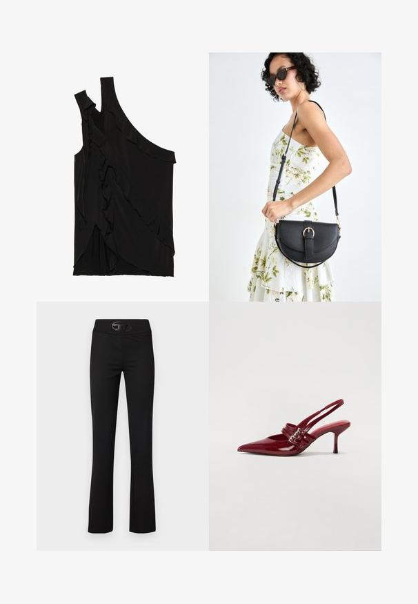 Asymmetrical black top in soft fabric featuring ruffles along the side and a single strap. Smooth texture with draped design elements.; Black flared pants with a smooth, stretchy fabric. Features a wide waistband and a shiny black logo accent on the front.; Red patent leather slingback heels with a pointed toe, two buckle straps, and a slim, mid-height stiletto heel. Smooth texture.; Black leather handbag with a curved shape, detachable strap, and gold hardware. The bag features a flap with a buckle detail.