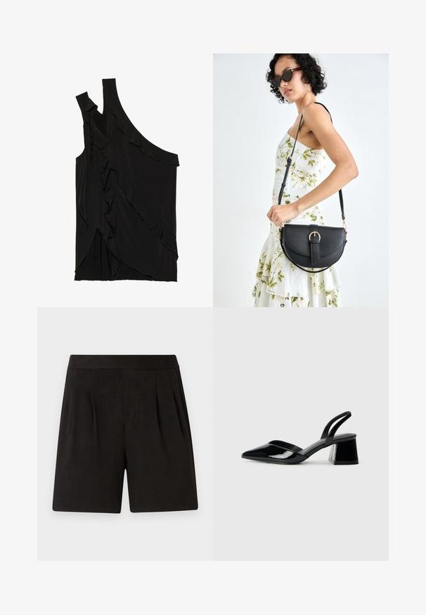 Ujevn svart topp i myk stoff med volanger langs siden og en enkelt stropp. Jevn tekstur med drapert design.; Sorte shorts laget av myk stoff, med en glatt tekstur, elastisk midjebånd og plisserte frontdesign. Enkle og udekorerte.; Svarte patentlær slingback hæler med spiss tå og geometrisk blokk hæl. Har et stilrent, minimalistisk design og jevn tekstur.; Svart lærveske med en buet form, avtagbar stropp og gullbeslag. Vesken har et klaff med spenne-detall.