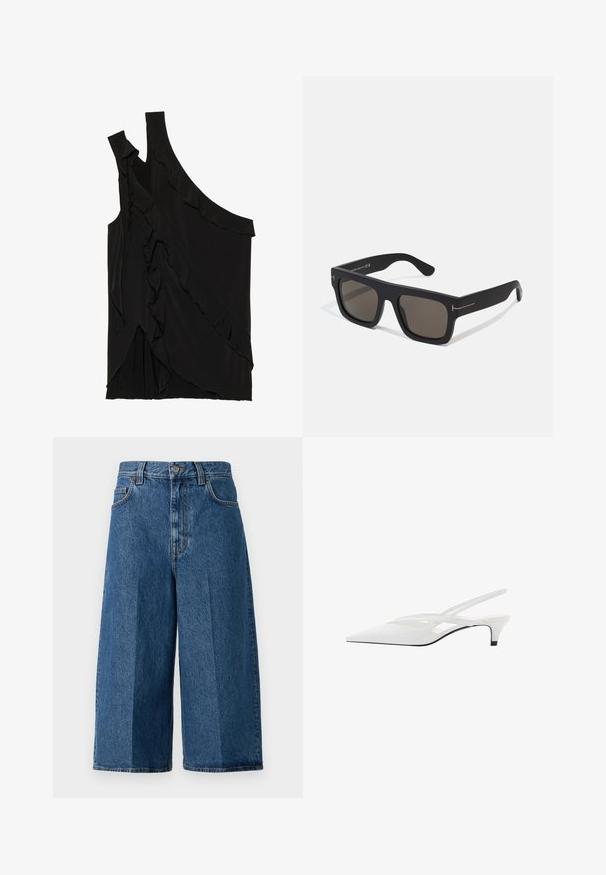 Asimetrična crna majica od mekog materijala s volanima sa strane i jednim remenom. Glatka tekstura s drapiranim dizajnerskim elementima.; Filippa K Kratke hlače od trapera - washed mid; Bijela slingback potpetica s oštrom punta, koja ima glatki gornji dio, suptilne izreze i nisku blok potpeticu. Crna potplata naglašava dizajn.; Crne pravokutne sunčane naočale s tamnim staklima. Mat završna obrada, s suptilnim metalnim naglascima na drškama. Bez vidljivog logotipa branda.