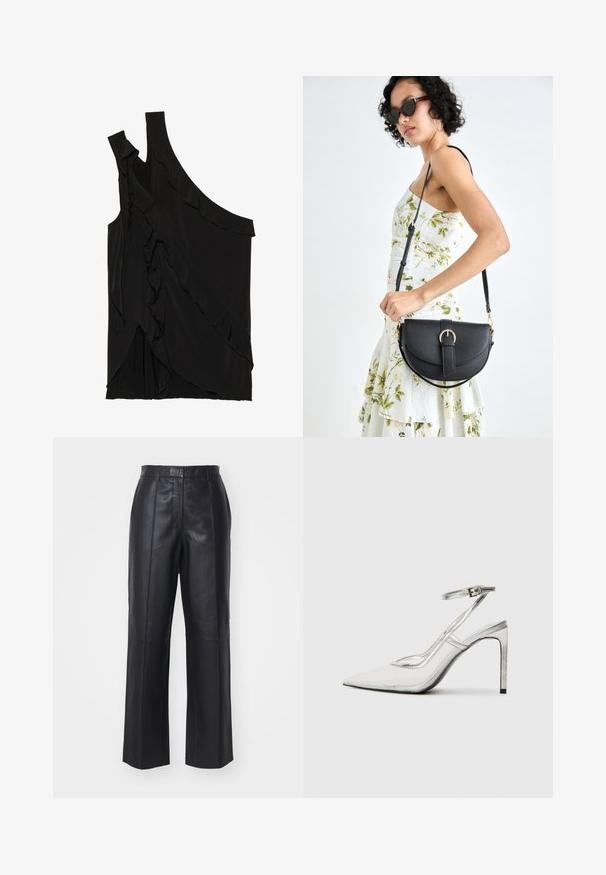 Asymmetrical black top in soft fabric featuring ruffles along the side and a single strap. Smooth texture with draped design elements.; Black leather trousers with a high waist, wide leg design, and vertical seam details. Smooth texture with a polished finish.; Clear stiletto heel shoe with a pointed toe, transparent material, metallic silver accents, and adjustable ankle strap.; Black leather handbag with a curved shape, detachable strap, and gold hardware. The bag features a flap with a buckle detail.