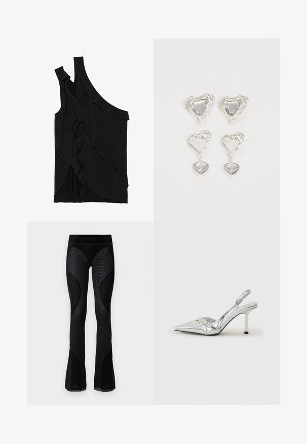 Asymmetrical black top in soft fabric featuring ruffles along the side and a single strap. Smooth texture with draped design elements.; Black mesh flared leggings with textured detailing and patterned inserts. Features a high waistband with brand logo at the top.; Silver slingback high heel shoe with a pointed toe, metallic finish, two decorative straps, and a slender heel with a black tip.; Silver heart-shaped earrings feature faceted clear stones, with a textured frame. The set includes stud and drop styles.