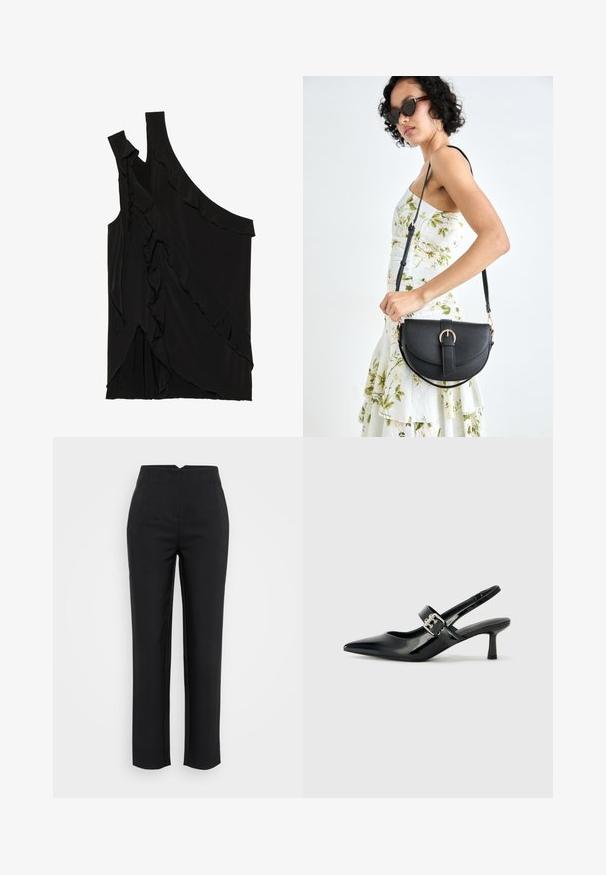 Aszimmetrikus fekete top, puha anyagból, oldalsó fodrokkal és egyetlen pánttal. Sima textúra, drapált dizájnelemekkel.; Fekete nadrág egyenes szárú kivitelben, redős elülső résszel és sima szövettextúrával. Magas derekú, látható zsebek nélkül.; Fekete lakkbőr slingback sarkú cipők hegyes orral és kis blokk talppal, ezüst csat díszítéssel a pánton.; Fekete bőrtáska ívelt formával, levehető pánttal és arany színű fémrészekkel. A táskán egy csattal díszített fedél található.