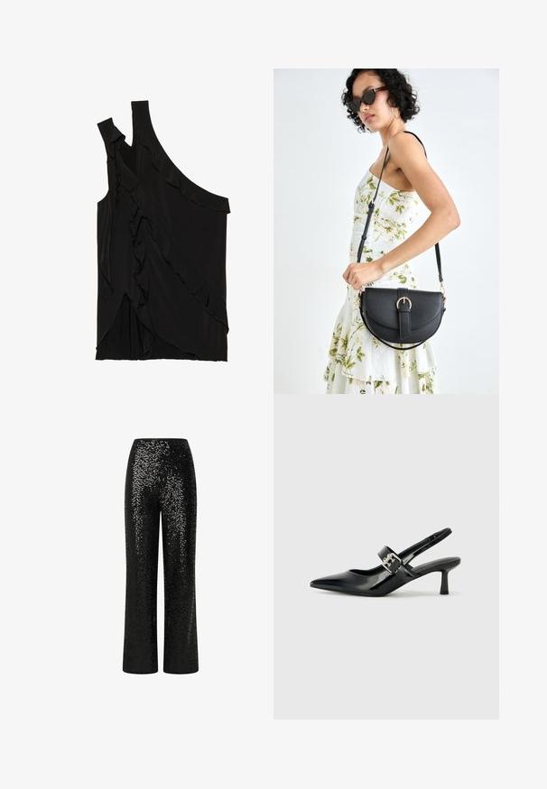 Asimetrična črna majica iz mehkega materiala s čipkami ob strani in enim naramnicom. Gladka tekstura z drapiranimi oblikovalskimi elementi.; Črne sequinske hlače s ravnim krojem, ki imajo gladek pas in odbojno teksturo, kar ustvarja sijajen učinek.; Črne patent usnjene slingback pete s koničastim nosom in majhnim blok peto, ki vključujejo srebrno zaponko na traku.; Črna usnjena torbica s ukrivljeno obliko, z odstranljivo naramnico in zlatimi dodatki. Torbica ima pokrov s podrobnostmi v obliki zaponke.