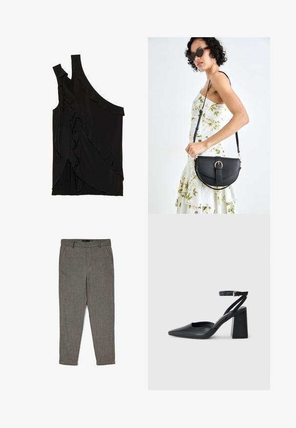 Asymmetrical black top in soft fabric featuring ruffles along the side and a single strap. Smooth texture with draped design elements.; Men's gray tapered dress pants with belt loops, side pockets, and cuffed hems, made from textured fabric.; Black leather pointy-toe pump with an ankle strap and a chunky heel. Flat texture, sleek design, and minimalistic aesthetics.; Black leather handbag with a curved shape, detachable strap, and gold hardware. The bag features a flap with a buckle detail.