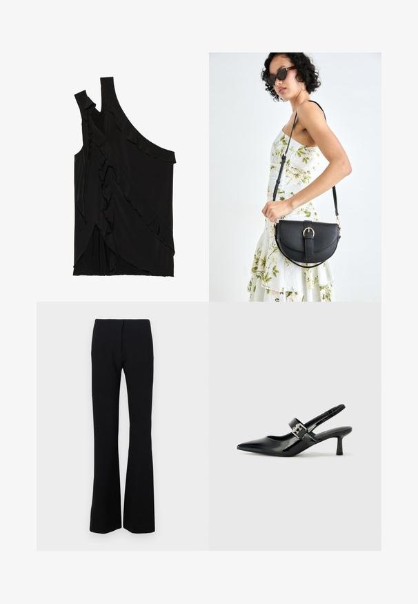 Asymmetrisches schwarzes Oberteil aus weichem Stoff mit Rüschen an der Seite und einem einzigen Träger. Glatte Textur mit drapierten Designelementen.; Schwarze Schlaghosen aus Stretchstoff mit glatter Textur und schmaler Taille. Keine sichtbaren Verschlüsse oder Muster.; Schwarze Lackleder Slingback-Absätze mit spitzem Zeh und kleinem Blockabsatz, ausgestattet mit einem silbernen Schnallenakzent am Riemen.; Schwarze Lederhandtasche mit geschwungener Form, abnehmbarem Tragegurt und goldenen Beschlägen. Die Tasche verfügt über einen Deckel mit einer Schnallen-Details.