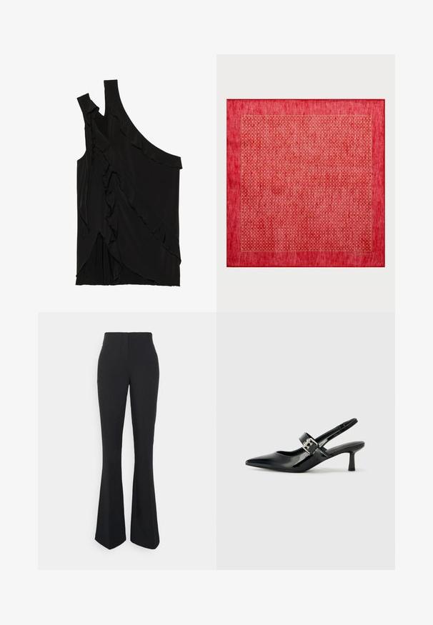 Aszimmetrikus fekete top, puha anyagból, oldalsó fodrokkal és egyetlen pánttal. Sima textúra, drapált dizájnelemekkel.; ONLY Tall ONLEDINA FLARE PANT - Nadrágok - black; Fekete lakkbőr slingback sarkú cipők hegyes orral és kis blokk talppal, ezüst csat díszítéssel a pánton.; Piros téglalap alakú szőnyeg, amelyet egy texturált felület jellemez, arany pöttyös mintával, vékony arany kerettel körülvéve. Simogatóan sima és élénk színű.; Fekete bőrtáska ívelt formával, levehető pánttal és arany színű fémrészekkel. A táskán egy csattal díszített fedél található.