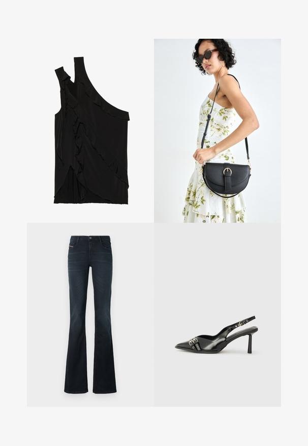 Ebaasne must ülasärk pehmest kangast, rippuvate frillide ja ühe rihmaga. Sile tekstuur, millel on drapeeritud disainielemendid.; Tumedad flared teksased tumedas denimis, siledast tekstuurist, viie taskuga disainiga ja nupuga kinnitusega vööl. Omab peeneid õmblusdetailide.; Must musta nahk kingad sanga ja terava ninaga, ankle strapidega, millel on hõbedased pandlad ja riistvara ning õhuke konts.; Mustmust mustraha kõverate joontega, eemaldatava rihmaga ja kuldsete detailidega. Kotil on klapp, millel on pandladetail.