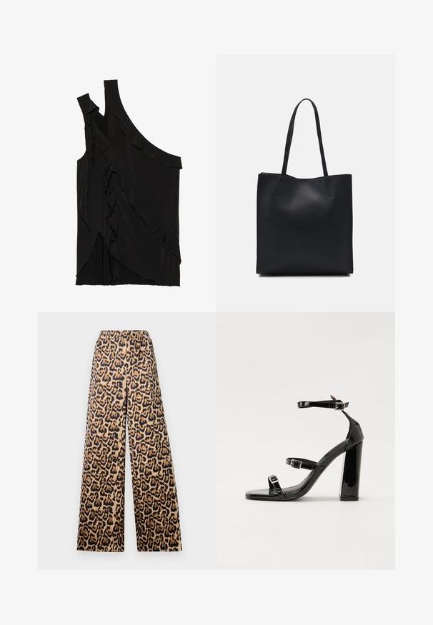 Asimetrična črna majica iz mehkega materiala s čipkami ob strani in enim naramnicom. Gladka tekstura z drapiranimi oblikovalskimi elementi.; Pantaloni širokih nogavic z leopardjim vzorcem v bež in črni barvi, z elastičnim pasom in gladko teksturo.; Črne lakirane sandale s peto, kvadratnim prstom, trakovi okrog gležnja in srebrnimi zaponkami. Opremljene so s stabilno Debelo peto.; Črna usnjena torba s svilnato teksturo, pravokotne oblike in dvema dolgima ročajema. Brez vidnih metalnih delov ali okrasnih elementov.