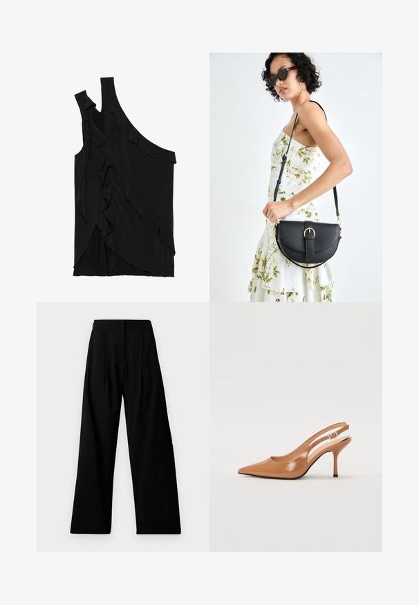 Asymmetrisk svart topp i myk stoff med volanger langs siden og en enkelt stropp. Glatt tekstur med draperte designelementer.; Musta leveälahkeinen housut korkea vyötärö, jossa on laskokset, piilotettu etu- suljenta ja vähäinen brändäys vasemmassa jalassa.; Korkokenkä, jossa on terävä kärki ja avonainen kanna, valmistettu sileästä, kiiltävästä ruskeasta materiaalista. Sisältää kaarevan leikkuun muotoilun ja hoikan stilettokannan. Hopeinen solkiyksityiskohta.; Musta nahkainen käsilaukku, joka on kaareva muotoilultaan, irrotettavalla hihnalla ja kultaisilla yksityiskohdilla. Laukussa on läppä, jossa on solk yksityiskohta.