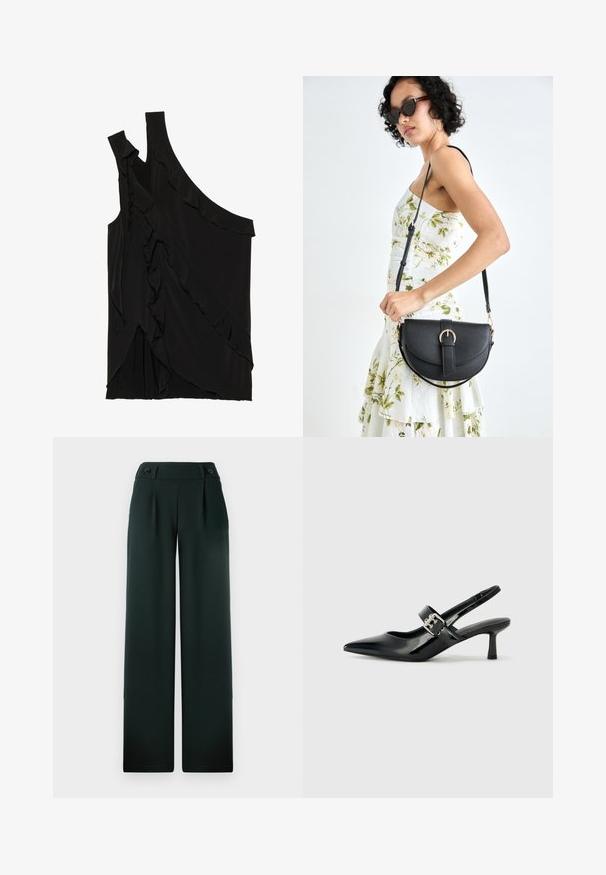 Top preto assimétrico em tecido suave, apresentando folhos ao longo do lado e uma única alça. Textura lisa com elementos de design drapeado.; Calças largas verde-escuro feitas de um tecido suave, com um cós alto, pregas e dois botões pretos proeminentes na frente.; Saltos slingback em verniz preto com bico pontiagudo e um pequeno salto bloco, apresentando um detalhe de fivela prateada na tira.; Bolsa de couro preta com forma curva, alça destacável e detalhes em dourado. A bolsa possui uma aba com detalhe de fivela.