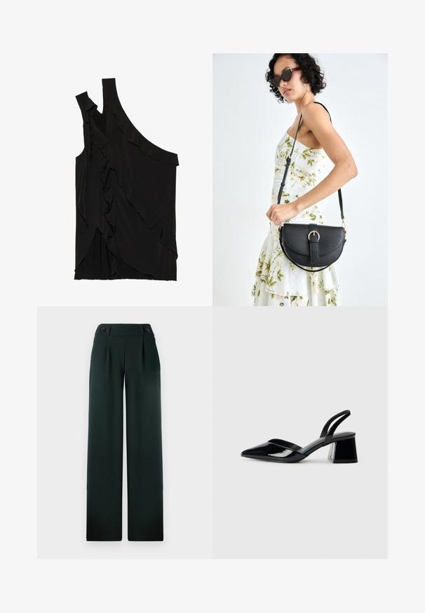 Asimetrična črna majica iz mehkega materiala s čipkami ob strani in enim naramnicom. Gladka tekstura z drapiranimi oblikovalskimi elementi.; Temno zeleni široki hlače iz gladkega materiala, z visokim pasom, naborki in dvema izstopajočima črnima gumboma spredaj.; Črne lakirane slingback pete s koničastim nosom in geometrijsko blokasto peto. Imajo eleganten, minimalističen dizajn in gladko teksturo.; Črna usnjena torbica s ukrivljeno obliko, z odstranljivo naramnico in zlatimi dodatki. Torbica ima pokrov s podrobnostmi v obliki zaponke.