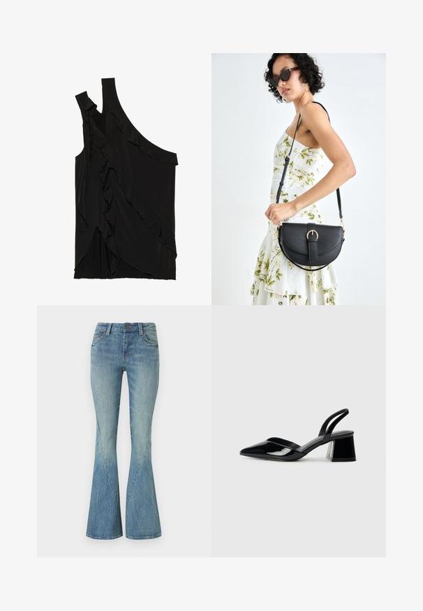 Ujevn svart topp i myk stoff med volanger langs siden og en enkelt stropp. Jevn tekstur med drapert design.; Lyse blå flared jeans laget av denim. Har frontknapplukking, fem lommer og subtil fading for tekstur.; Svarte patentlær slingback hæler med spiss tå og geometrisk blokk hæl. Har et stilrent, minimalistisk design og jevn tekstur.; Svart lærveske med en buet form, avtagbar stropp og gullbeslag. Vesken har et klaff med spenne-detall.
