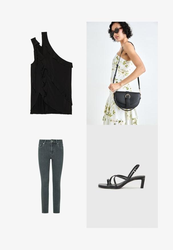 Asimetriška juoda palaidinė iš minkštos medžiagos, pasižyminti volanais šone ir viena petneša. Lygi tekstūra su švelniais drapiruotais elementais.; Lieknos džinsai tamsiai pilkos spalvos, su glotnia tekstūra. Turi priekinį užtrauktuką, mygtuko uždarymą ir tradicinį penkių kišenių stilių.; Juodi šlepetės su kvadratiniu pirštu ir žemu bloku kulnu. Yra keli ploni dirželiai ir reguliuojamas kulkšnies diržas. Pagaminti iš lygios odos.; Juodas odinis krepšys su išlenkta forma, nuimamu dirželiu ir auksiniais detalėmis. Krepšys turi kilpą su sagtimi.; Sidabriniai auskarai-žiedai su lygiu, apvaliu dizainu ir blizgiu paviršiumi. Jie yra ploni ir lengvi, turintys paprastą užsegimą.