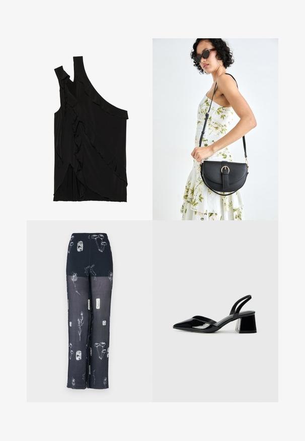 Ebaasne must ülasärk pehmest kangast, rippuvate frillide ja ühe rihmaga. Sile tekstuur, millel on drapeeritud disainielemendid.; Tumed püksid elastse vöökohtaga, millel on valged lille- ja seenemotiivid. Valmistatud kergest, läbipaistvast kangast, millel on voolav disain.; Mustad musta lakknahk kingad, millel on terav varvas ja geomeetriline plokkkonts. Omab elegantselt minimalistlikku disaini ja sujuvat tekstuuri.; Mustmust mustraha kõverate joontega, eemaldatava rihmaga ja kuldsete detailidega. Kotil on klapp, millel on pandladetail.