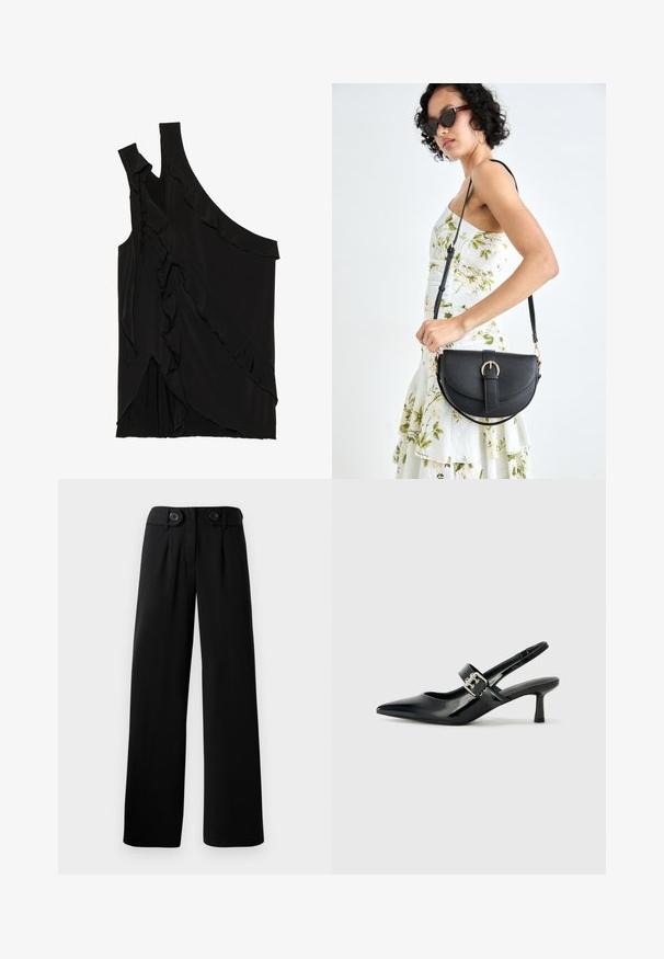 Asymetryczny czarny top z miękkiego materiału, z falbanami po boku i jednym ramiączkiem. Gładka tekstura z elementami drapowania.; Czarne, szerokie spodnie z wysokim stanem z dwoma dużymi czarnymi guzikami w talii.; Czarne lakierowane szpilki slingback z wąskim noskiem i małym słupkiem, z ozdobnym srebrnym klamrą na pasku.; Czarna skórzana torebka o zakrzywionym kształcie, z odpinanym paskiem i złotymi akcentami. Torebka posiada klapę z zapięciem w kształcie klamry.