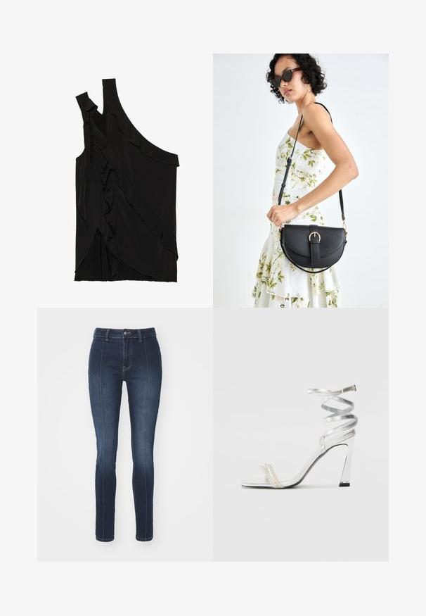 Asimetrična crna majica od mekog materijala s volanima sa strane i jednim remenom. Glatka tekstura s drapiranim dizajnerskim elementima.; Tamno plave traperice slim kroja. Imaju visoki struk, ravne nogavice i kontrastne šavove sprijeda. Klasičan dizajn s pet džepova.; Srebrna sandala na visokoj potpetici s sjajnim dizajnom trake, s akcentom nalik biseru i spiralnom trakicom za gležanj radi sigurnog držanja.; Crna kožna torba s lukovitim oblikom, odvojivim remenom i zlatnim detaljima. Torba ima preklop s kopčom.; Srebrne naušnice od obruča s glatkim, okruglim dizajnom i poliranim završetkom. Tanak su i lagani, s jednostavnim zatvaranjem.