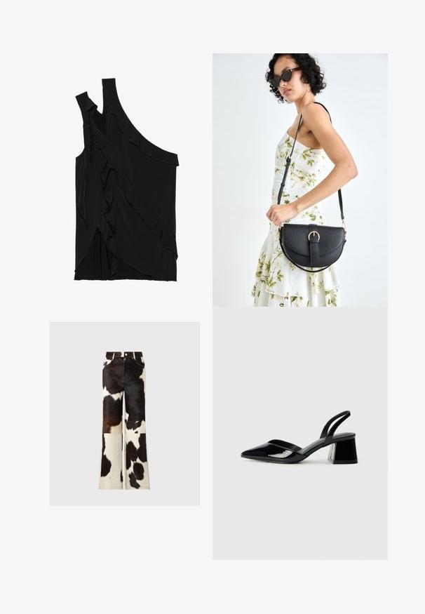 Top negru asimetric dintr-un material moale, cu volane pe o parte și un singur bretele. Textură netedă cu elemente de design drapat.; Pantaloni evazați din piele de vacă cu un design patchwork în culori alb și negru, având o textură netedă și accente de cusături vizibile.; Pantofi cu toc slingback din piele lacuită neagră, cu vârf ascuțit și toc geometric. Prezintă un design elegant, minimalist și o textură netedă.; Geantă din piele neagră, cu o formă curbată, curea detașabilă și accesorii aurii. Geanta are un capac cu un detaliu tip cataramă.