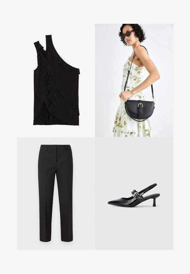 Asymetryczny czarny top z miękkiego materiału, z falbanami po boku i jednym ramiączkiem. Gładka tekstura z elementami drapowania.; Czarne, dopasowane spodnie o prostym kroju nogawek, z gładkim przodem, bez widocznych ozdób. Wykonane z gładkiej tkaniny z wyraźnym wykończeniem.; Czarne lakierowane szpilki slingback z wąskim noskiem i małym słupkiem, z ozdobnym srebrnym klamrą na pasku.; Czarna skórzana torebka o zakrzywionym kształcie, z odpinanym paskiem i złotymi akcentami. Torebka posiada klapę z zapięciem w kształcie klamry.