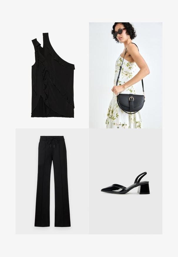 Asymmetrisk svart topp i mjukt tyg med volanger längs sidan och en ensam axelrem. Slät yta med draperade designelement.; Svarta skräddarsydda byxor med dragsko i midjan. Har en rak passform, två framstygn och ett slätt tyg med en lätt lyster.; Svarta lackläder slingback klackar med spetsig tå och geometrisk klack. Har en elegant, minimalistisk design och slät yta.; Svart läderhandväska med en böjd form, avtagbar rem och guldiga detaljer. Väskan har ett lock med en spänndetalj.