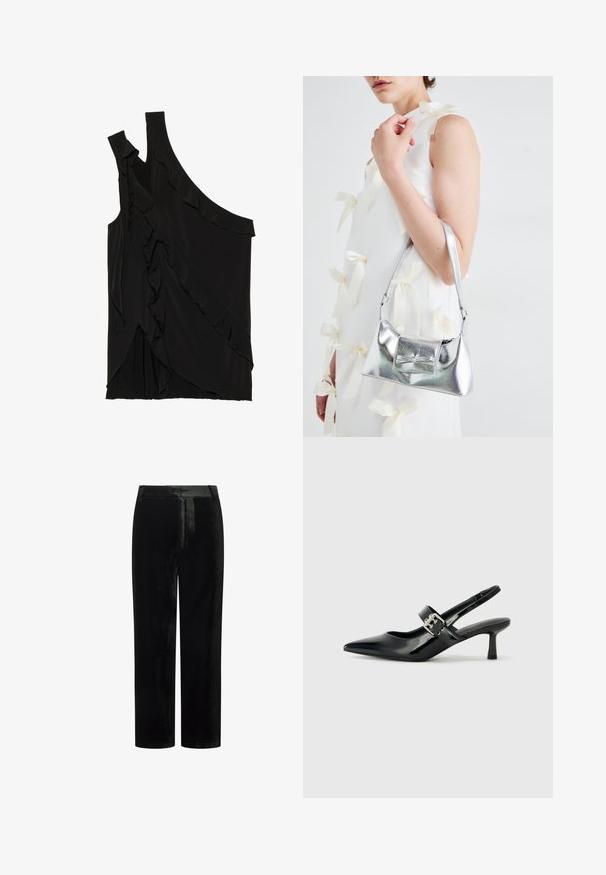 Asymetrický černý top z měkké tkaniny se volánky po straně a jedním ramínkem. Hladká textura s drapériemi.; Černé sametové kalhoty rovného střihu, které mají hladkou texturu a žádné viditelné hardwarové prvky nebo ozdoby.; Černé lakované boty na podpatku typu slingback s špičatou špičkou a malým blokovým podpatkem, které mají na pásku stříbrný přezkový akcent.; Stříbrná kovová kabelka se strukturovaným tvarem, s horním držadlem a detailem v podobě mašle na přední straně. Hladký povrch, reflexní lesk.