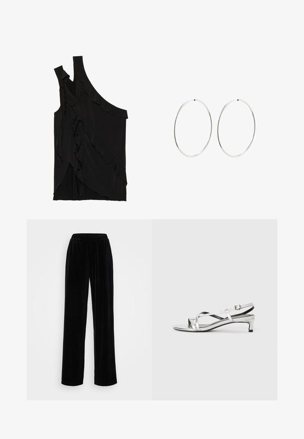 Asymetrický čierny top z jemnej tkaniny s volánmi po boku a jedným ramienkom. Hladká textúra s drapovanými dizajnovými prvkami.; Čierne, dlhé nohavice s širokými nohavicami vyrobené z mäkkej, plyšovej tkaniny s elastickým pásom. Hladká štruktúra a jednotná farba, bez viditeľných vzorov alebo akcentov.; Strieborné metalické sandále na podpätku s nízkym podpätkom, s krížovými remienkami a hladkým povrchom. Minimalistický dizajn.; Strieborné kruhové náušnice s hladkým, okrúhlym dizajnom a lesklým povrchom. Sú tenké a ľahké, s jednoduchým uzáverom.