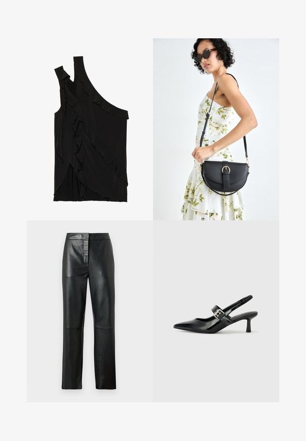 Asimetrisks melns tops no mīksta auduma ar volāniem pa sāniem un vienu siksniņu. Gluda tekstūra ar slīdoša dizaina elementiem.; Melnas ādas bikses ar gludu tekstūru, ar taisna kāja dizainu, priekšējo pogu aizdari un minimālām šuvēm.; Melnas lakotas ādas sūkņa kurpes ar norādītu purngali un mazu bloku papēdi, ar sudraba sprādzi akcentā uz jostas.; Melnas ādas rokassoma ar izliekta formu, noņemamu siksnu un zelta aksesuāriem. Somai ir vāciņš ar sprādzes detaļu.